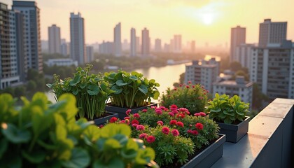 Fototapeta premium Eco Friendly Urban Rooftop Garden at Sunset, Sustainable Cityscape