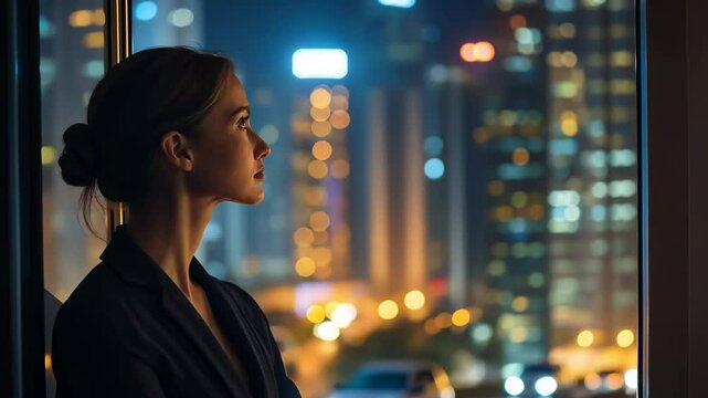 A businesswoman looks pensively out of high-rise window at night, city lights painting blurred backdrop. Dressed in professional attire, she is introspective, gazing thoughtfully at urban scene.