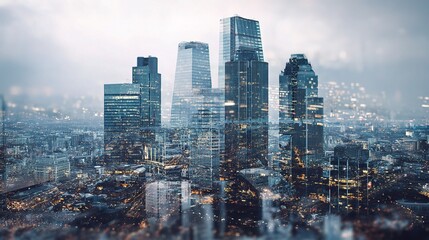 Naklejka premium Futuristic Cityscape with Modern Skyscrapers and Digital Innovation