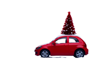Festive Red Car With Christmas Tree On Transparent Isolated Background Illustration