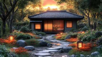 Obraz premium Sunset Japanese Garden House.