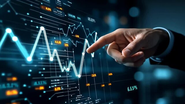 A hand points to fluctuating chart on digital screen, with charts displaying various data points. This illustrates stock market analysis, investment strategies, , focus on financial insights. - Powered by Adobe