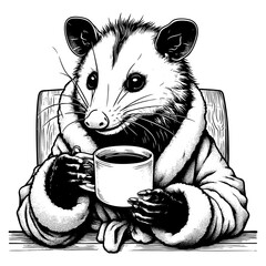 relaxed possum in a robe holding a steaming coffee cup, perfect for quirky lifestyle concepts engraving generative ai sketch PNG illustration