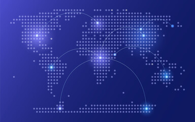 Global Network World Map Connection with the Dot. Technology Neon Ellipse Earth Abstract Glow Background Internet Communication Concept for Business and Tech. Vector Illustration