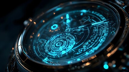 Futuristic watch face, close-up, glowing details