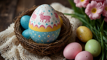 Nest of Decorated Easter Eggs with Festive Pink Patterns