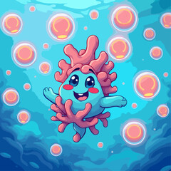 coral with bubbles and happy face, underwater mascot design, high quality vector art