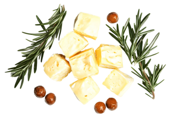 Isolated Cheese Cubes with Rosemary and Olives on Transparent Background