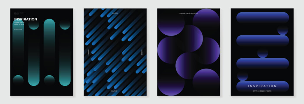 Modern gradient poster background vector set. Minimalist cover template with vibrant perspective geometric prism shapes in motion. Ideal design for social media, cover, banner, flyer.