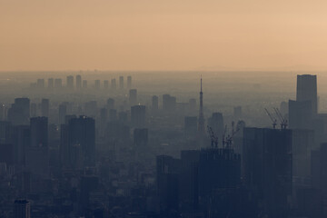 Moody aerial view of Tokyo at sunset, with skyscrapers fading into dense fog, captured in a vintage duotone effect that enhances the graphic and cinematic atmosphere