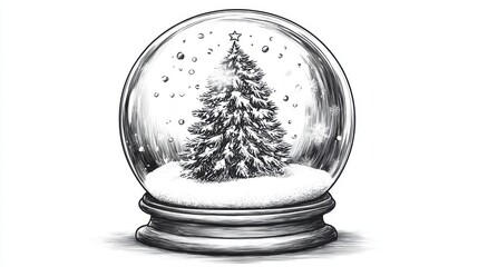 Christmas tree inside a snow globe, hand-drawn style. Minimalist black and white vector design for seasonal decoration and prints.