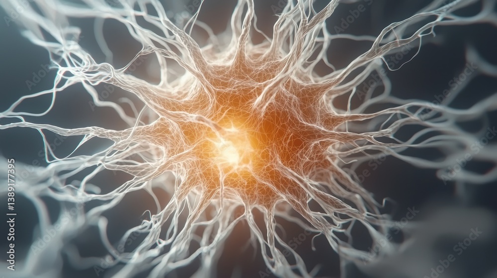 Poster a detailed visual of a neuron, highlighting its intricate structures and vibrant energy. perfect for