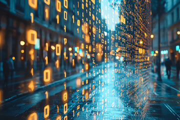 A digital cityscape featuring binary code overlay on a rainy urban street, showcasing modern technology and innovation.