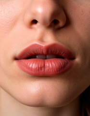 Naklejka premium A woman's lips stand out with a natural hue and smooth texture. The photograph emphasizes their shape and subtle color, ideal for beauty inspiration or makeup artistry.