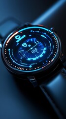 Futuristic wristwatch, illuminated dial, dark background