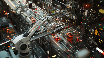 A robotic arm assembling an AI powered real time traffic monitoring system in a smart city tech lab, surrounded by traffic data and prediction algorithms, Smart city technology style