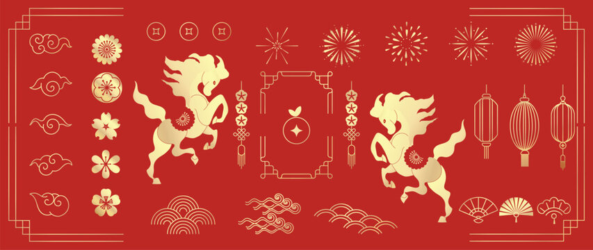 Happy Chinese New Year 2026 element vector set. Year of the horse design. Lanterns, horse, firework, corner, frame, pattern, cloud, coin, flower icons of Asian Lunar New Year holiday decoration.