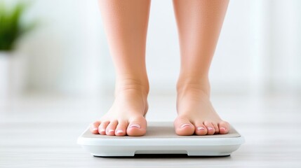 Woman standing on a scale, feet on the platform.  Focus is on the feet and lower legs.  Image suggests weight check, health and wellness