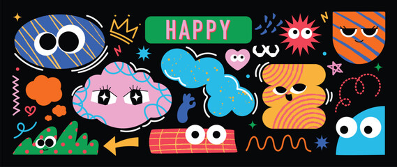 Set of colorful funny shape element vector. Collection of cartoon characters, cute doodle dawn, geometric, speech bubble with fun eye. Design for decorative, sticker, toys and kids.
