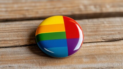 Colorful Pin Badge with Geometric Design on Rustic Wooden Surface