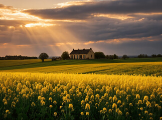 Rape field and farmhouse in the dusk