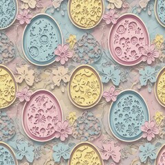 Seamless pattern of colorful Easter eggs and flowers with a layered paper-cut effect.

