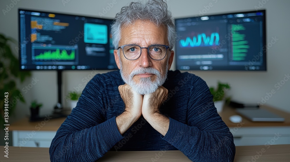 Aufkleber A focused man with gray hair and glasses working intently at his desk with dual computer monitors displaying data.