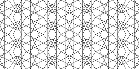 Fototapeta premium Geometric symmetric seamless pattern. Vector decorative ornament of broken lines. Monochrome black grid on white background. Mosaic tile in classic style. Minimalist pattern for your design projects.