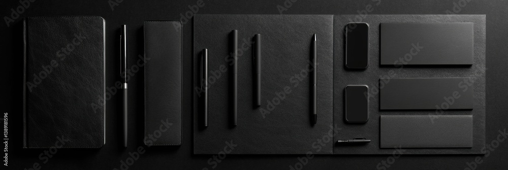 Aufkleber elegant monochrome office essentials arranged in a structured flat lay for a sophisticated workspace