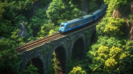 Aerial view of a blue train crossing a stone bridge, heading into a tunnel with lush greenery and forest backdrop, ideal for text customization