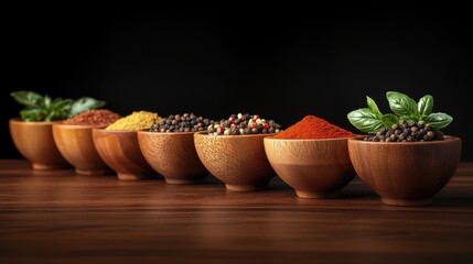 Highly detailed image of various spices and herbs in small wooden bowls, with text space for customization