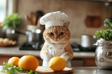 Cute cat chef in a white hat and apron, looking at the camera. Use this for humorous recipes or playful cooking content online.