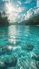 Turquoise Hypnosis: 8K Aerial View of Glass-Water Bay with Sunbeam Illumination – Where Reality Outdreams Fantasy