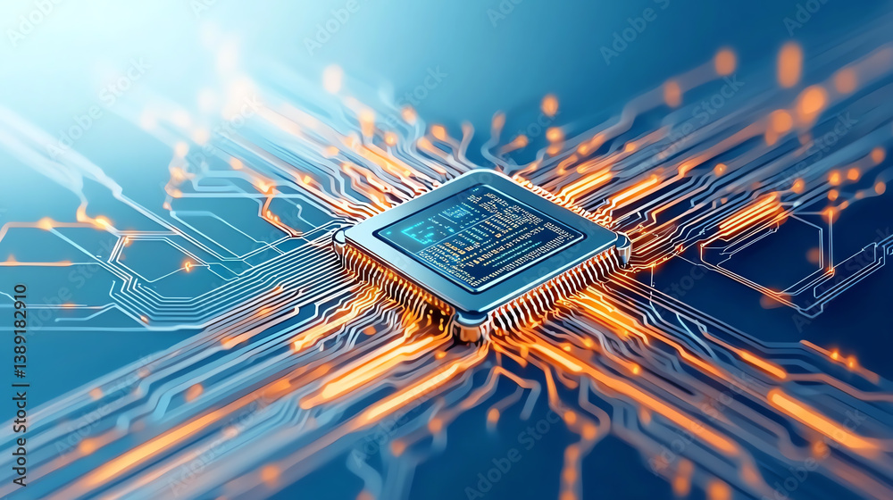 Poster A futuristic microchip with glowing connections, symbolizing advanced technology and innovation in computing.
