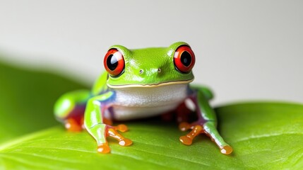 Obraz premium A vibrant red-eyed tree frog sits on a bright green leaf against a soft, clean white background.