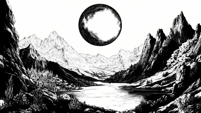 Alpine burg hid in a glen circled by big mounts and quiet lake formed in a woodcut art form sketch cutting ai-crafted png piece scratch style echo black white frame. Obscured Echo. Illustration