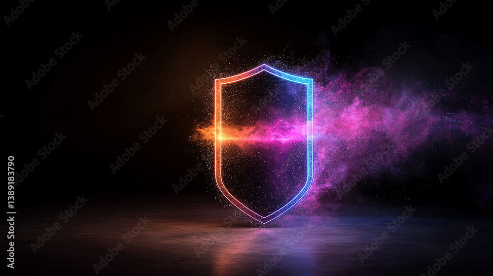 Poster a glowing shield emblem with colorful smoke on a dark background, symbolizing protection and securit