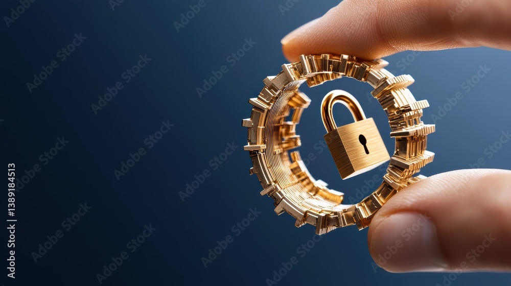 Poster a hand holding a golden gear with a padlock symbolizing security and protection in technology.