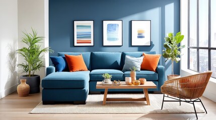 A stylish living room featuring a teal couch, orange cushions, wooden coffee table, and green plants against a blue wall with artwork.