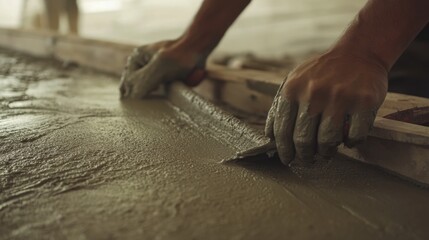 A Hispanic construction worker smoothing concrete with a trowel. Featuring precision and care