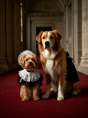 Two dogs in costumes taking a photo together