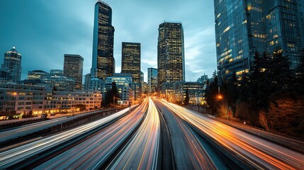 Fototapeta premium Downtown Seattle Skyscrapers with Freeway Lights at Dusk