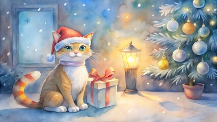 A watercolor-style illustration of a cute cat wearing a Santa hat and holding a wrapped gift box with a ribbon, sitting next to a decorated Christmas tree in a cozy living room.
