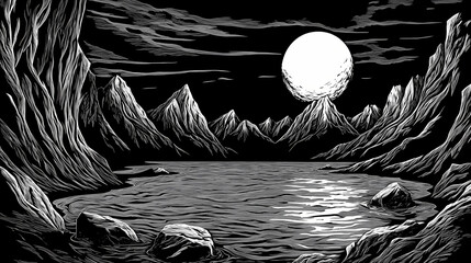 Alpine burg hid in a glen circled by big mounts and quiet lake formed in a woodcut art form sketch cutting ai-crafted png piece scratch style echo black white frame. Obscured Echo. Illustration