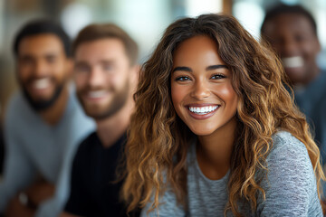 Fototapeta premium A joyful woman smiles broadly while friends share a light moment. Perfect for capturing happiness and friendship in social settings.