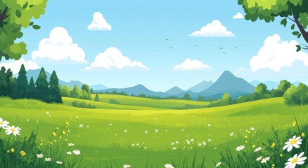A vibrant illustration of a picturesque landscape with scenic nature
