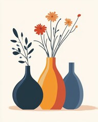DIY and craft Flat Art Style Icon. Three Vases with Autumnal Flowers and Branches