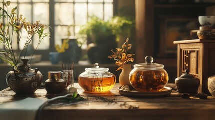 a traditional Chinese medicine setting with acupuncture needles, herbal tea infusions, cupping therapy jars, and warm wooden tones. 