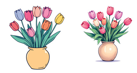 Vsai colorful tulips blooming in ceramic vases, a vibrant floral arrangement