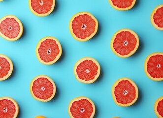 Grapefruit background, fresh grapefruits cut in half pattern, close up, top view. Flat lay of red grapefruit slices. Top-down composition with copy space for design or text.